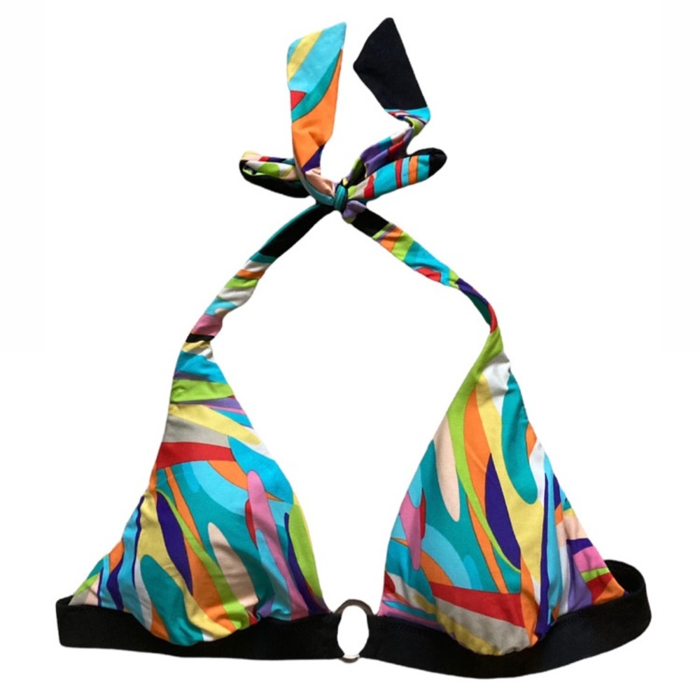 Trina Turk Psychedelic Mod Rainbow Padded Triangle Halter Bikini Top EUC Large